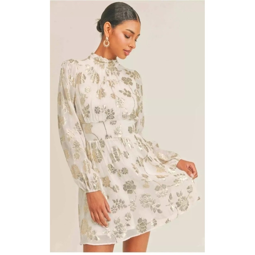 Sage the Label Mini Dress Floral Metallic Long‎ Sleeve Party Dress M